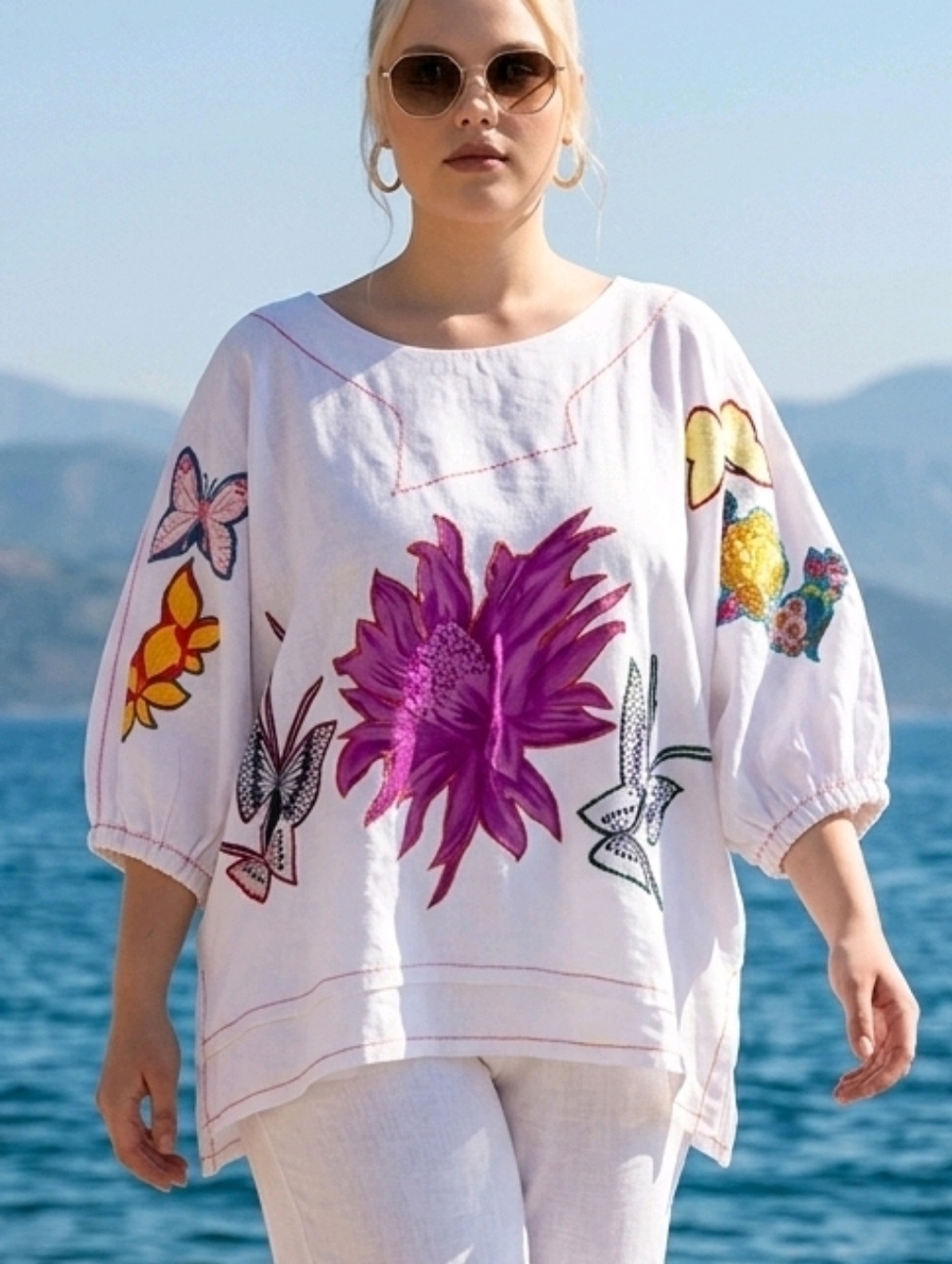 Pong Poco Art To Wear Embroidered Floral Butterfly Print White Cotton Top XXL